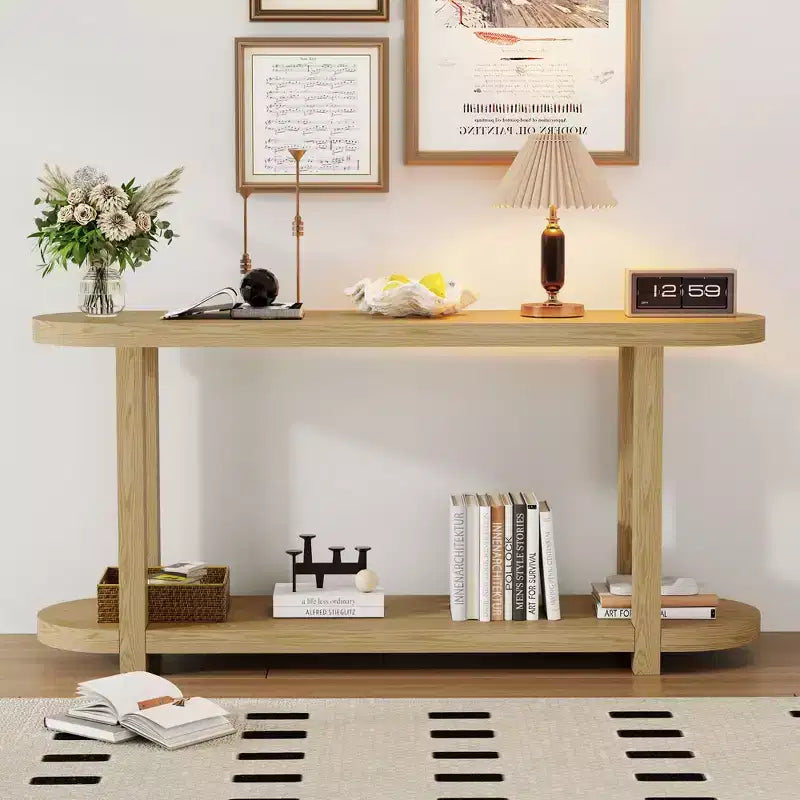 Console ovale moderne à 2 niveaux avec plateau profilé, table d'entrée en bois minimaliste pour bureau, couloir, salon