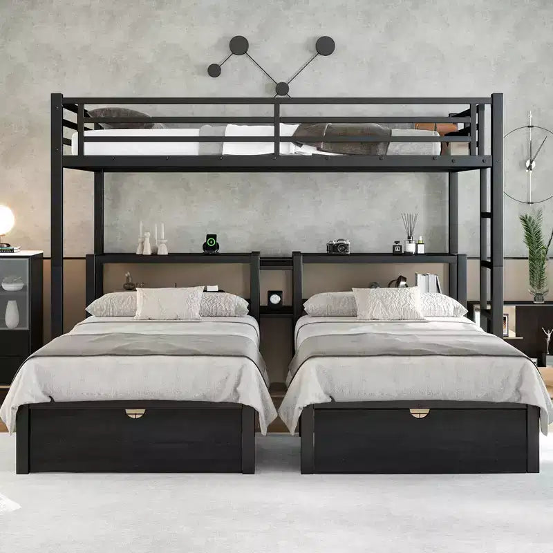 Lit superposé triple avec tiroirs, grand XL sur lits jumeaux et jumeaux, cadre en métal multifonctionnel, tête de lit avec étagères et USB, noir