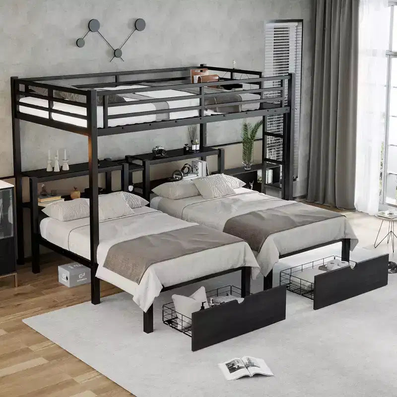 Lit superposé triple avec tiroirs, grand XL sur lits jumeaux et jumeaux, cadre en métal multifonctionnel, tête de lit avec étagères et USB, noir