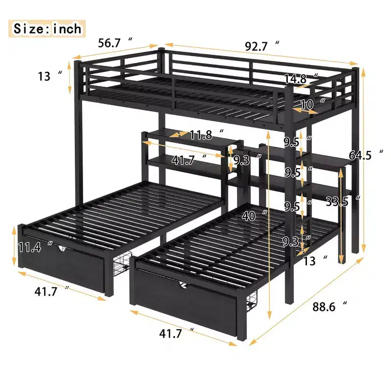 Lit superposé triple avec tiroirs, grand XL sur lits jumeaux et jumeaux, cadre en métal multifonctionnel, tête de lit avec étagères et USB, noir