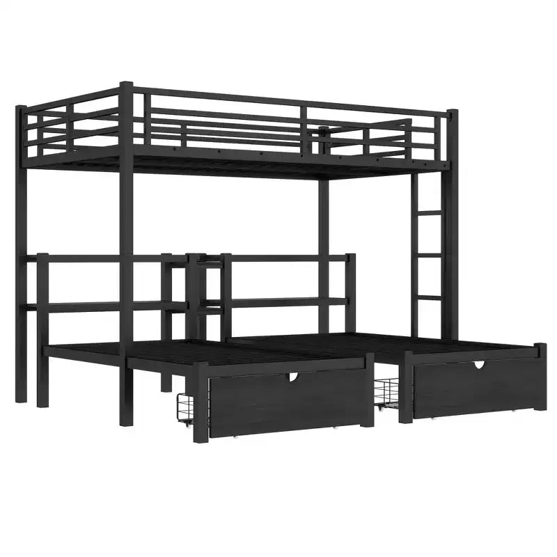 Lit superposé triple avec tiroirs, grand XL sur lits jumeaux et jumeaux, cadre en métal multifonctionnel, tête de lit avec étagères et USB, noir