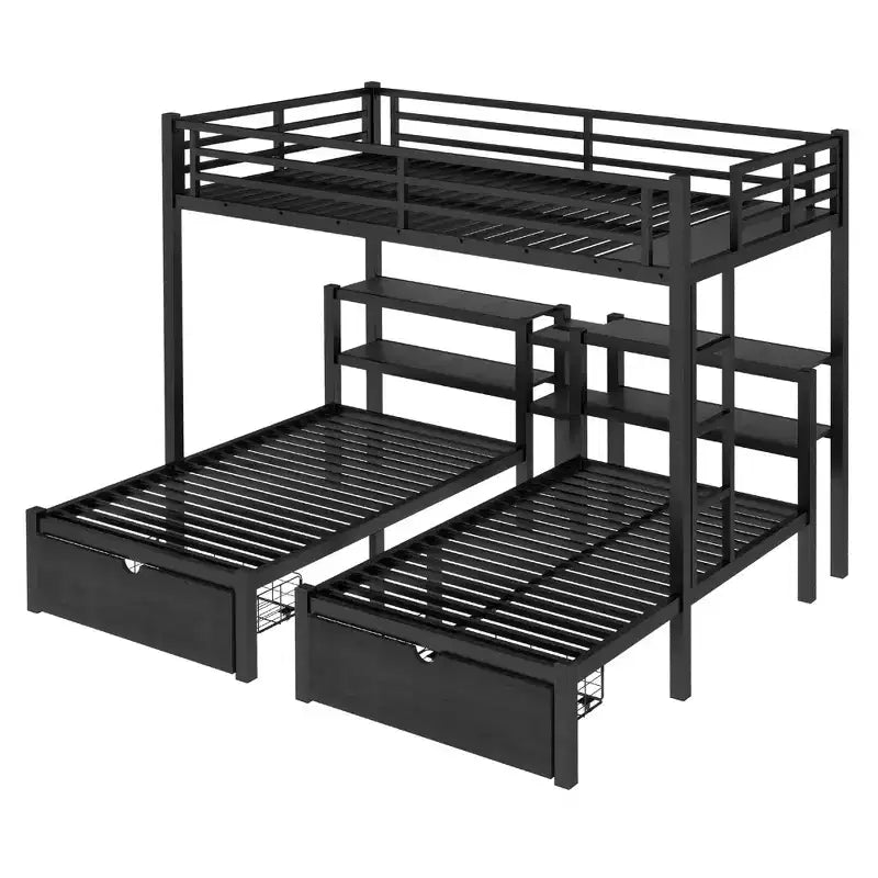 Lit superposé triple avec tiroirs, grand XL sur lits jumeaux et jumeaux, cadre en métal multifonctionnel, tête de lit avec étagères et USB, noir