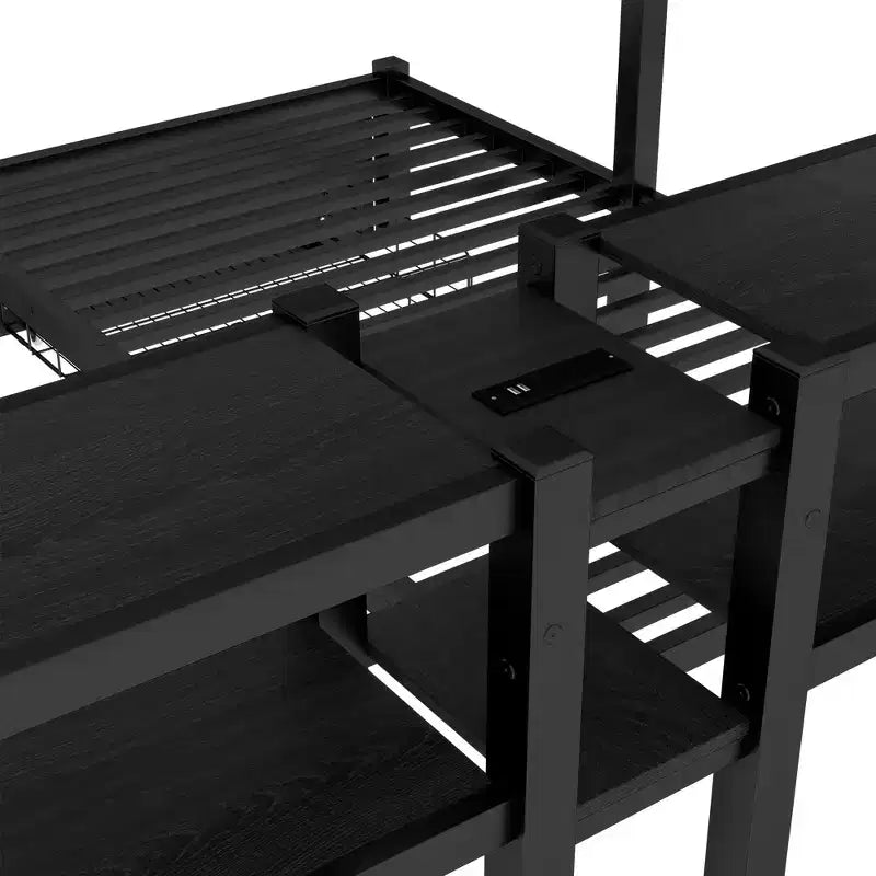 Lit superposé triple avec tiroirs, grand XL sur lits jumeaux et jumeaux, cadre en métal multifonctionnel, tête de lit avec étagères et USB, noir