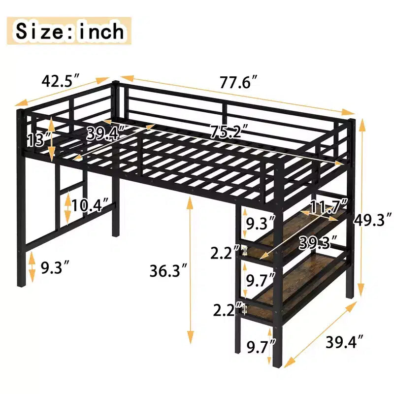 Lit mezzanine double noir en métal avec étagère de rangement et échelle facile d'accès avec garde-corps pour enfants
