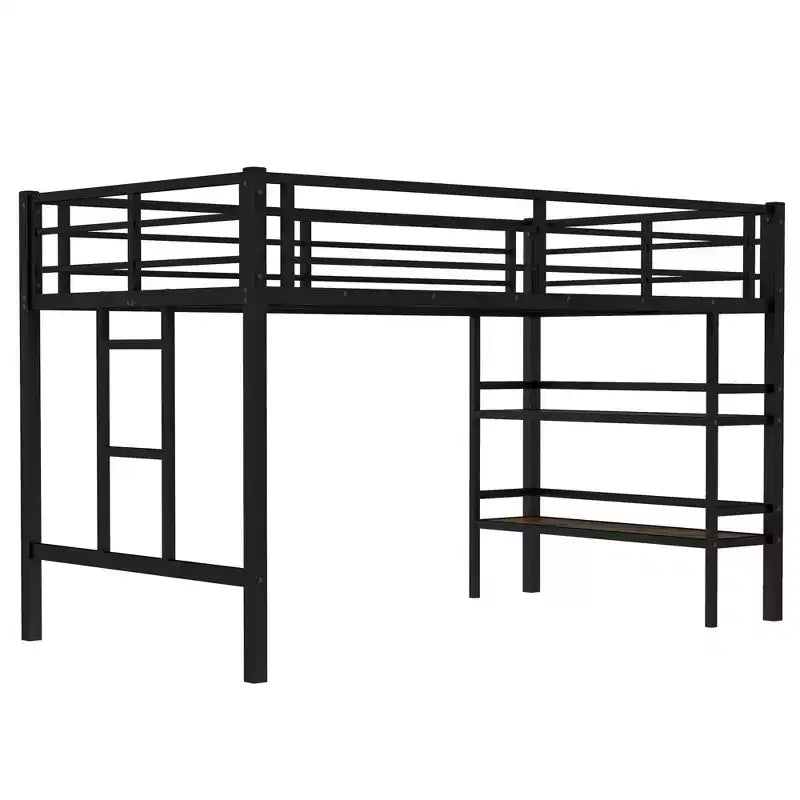 Lit mezzanine double noir en métal avec étagère de rangement et échelle facile d'accès avec garde-corps pour enfants
