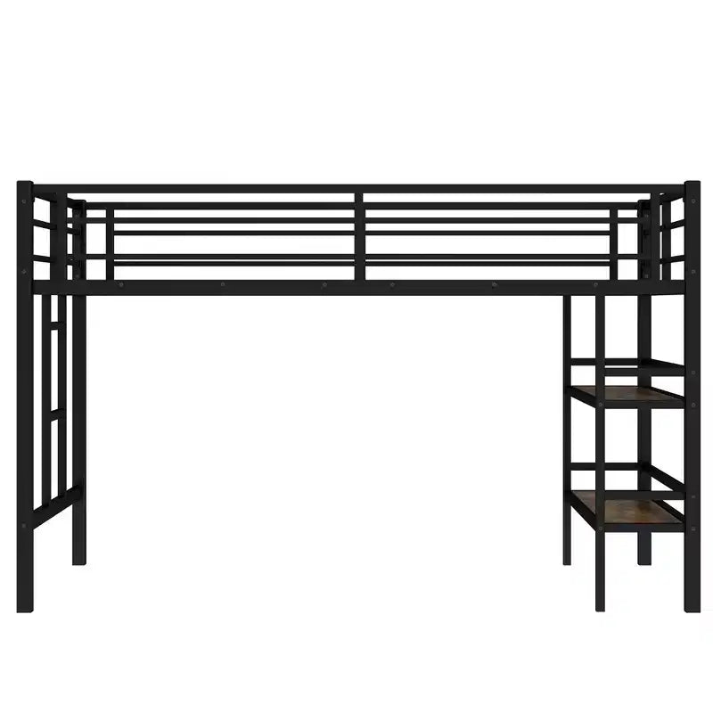 Lit mezzanine double noir en métal avec étagère de rangement et échelle facile d'accès avec garde-corps pour enfants