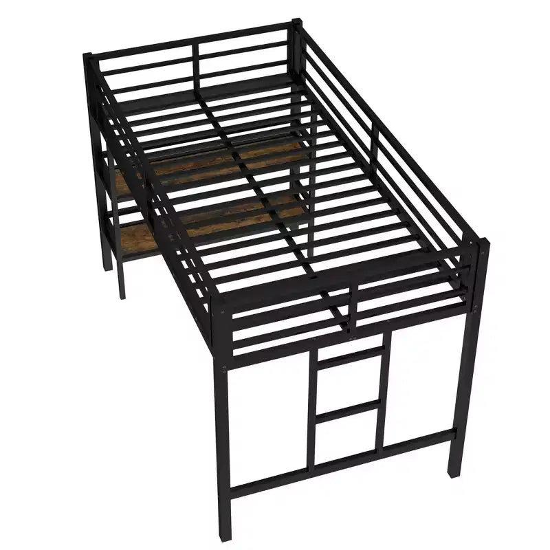 Lit mezzanine double noir en métal avec étagère de rangement et échelle facile d'accès avec garde-corps pour enfants