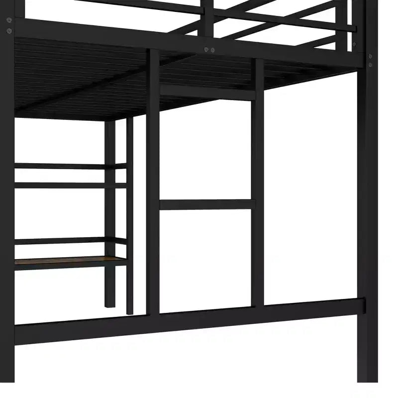 Lit mezzanine double noir en métal avec étagère de rangement et échelle facile d'accès avec garde-corps pour enfants