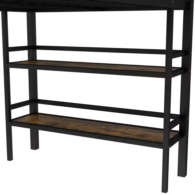 Lit mezzanine double noir en métal avec étagère de rangement et échelle facile d'accès avec garde-corps pour enfants
