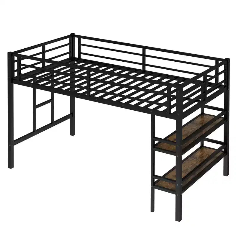 Lit mezzanine double noir en métal avec étagère de rangement et échelle facile d'accès avec garde-corps pour enfants