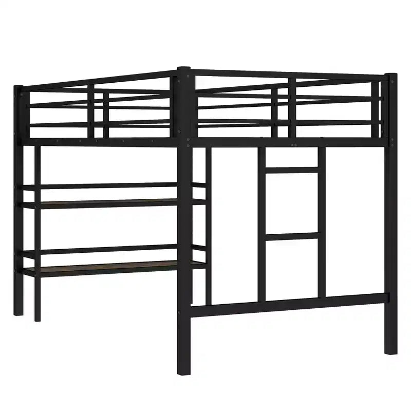 Lit mezzanine double noir en métal avec étagère de rangement et échelle facile d'accès avec garde-corps pour enfants