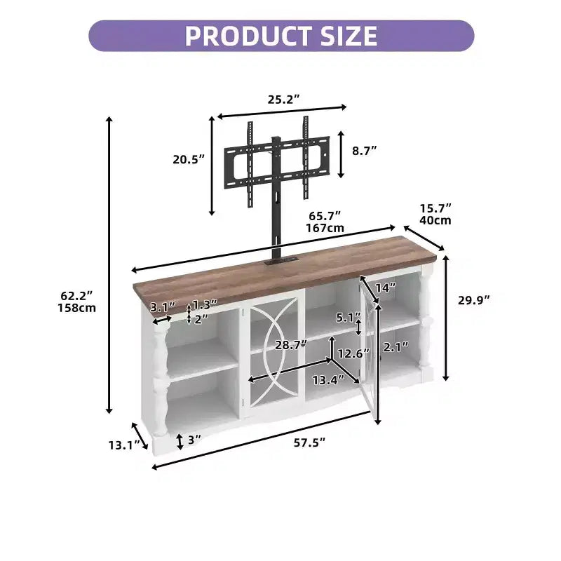 Meuble TV avec support et prises de courant pour téléviseur de 32 à 70 pouces, meuble de divertissement style ferme avec hauteur réglable pour salon, gris délavé et blanc