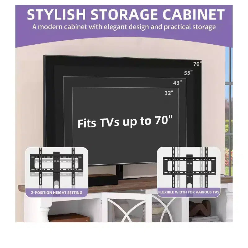 Meuble TV avec support et prises de courant pour téléviseur de 32 à 70 pouces, meuble de divertissement style ferme avec hauteur réglable pour salon, gris délavé et blanc