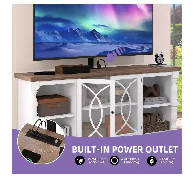Meuble TV avec support et prises de courant pour téléviseur de 32 à 70 pouces, meuble de divertissement style ferme avec hauteur réglable pour salon, gris délavé et blanc