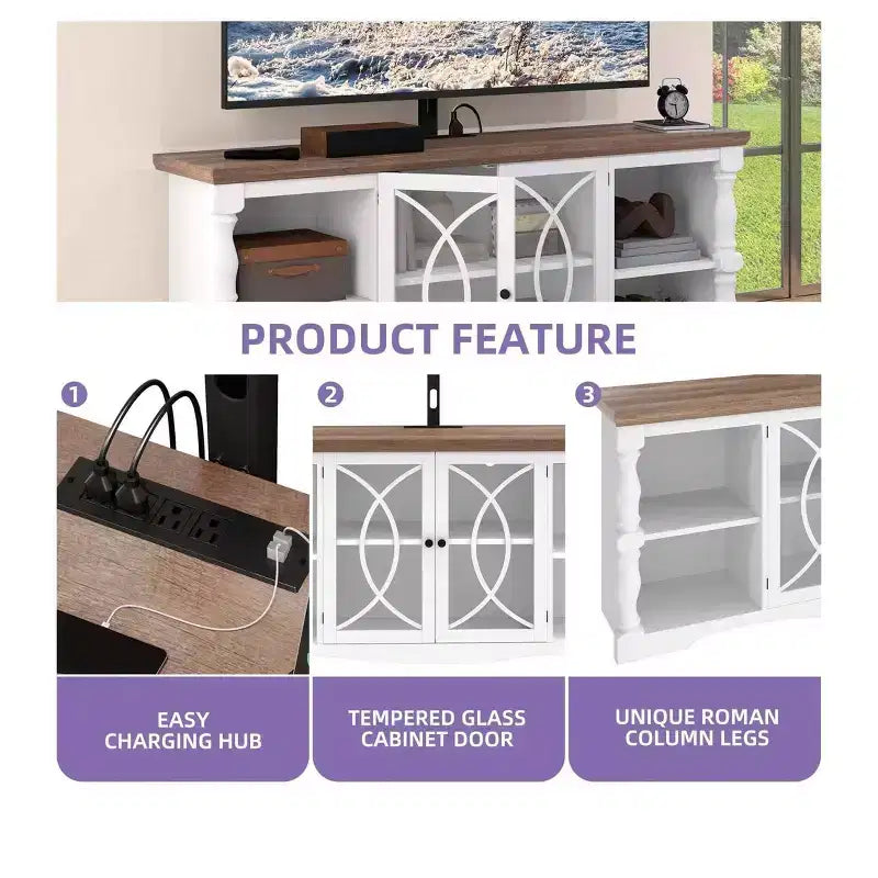 Meuble TV avec support et prises de courant pour téléviseur de 32 à 70 pouces, meuble de divertissement style ferme avec hauteur réglable pour salon, gris délavé et blanc