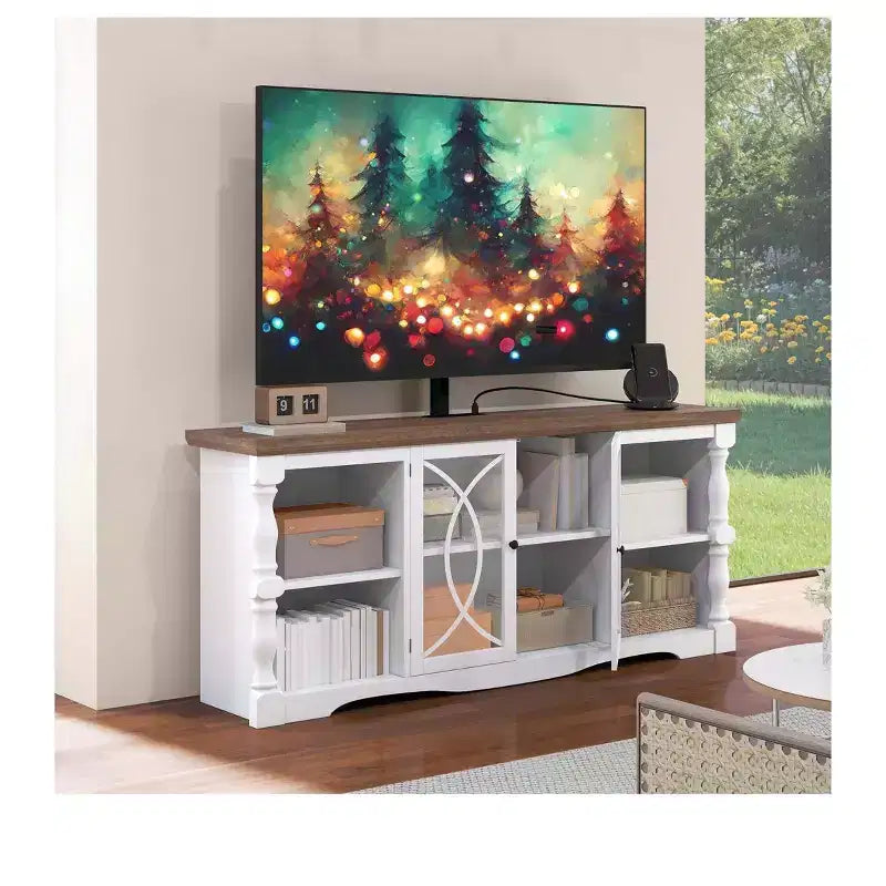 Meuble TV avec support et prises de courant pour téléviseur de 32 à 70 pouces, meuble de divertissement style ferme avec hauteur réglable pour salon, gris délavé et blanc