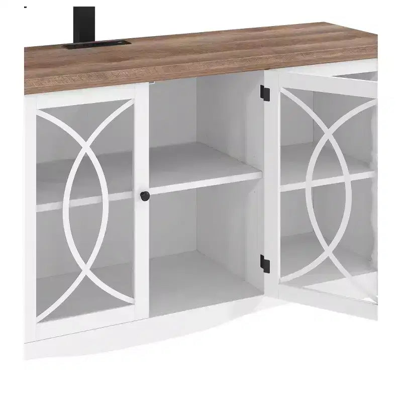 Meuble TV avec support et prises de courant pour téléviseur de 32 à 70 pouces, meuble de divertissement style ferme avec hauteur réglable pour salon, gris délavé et blanc