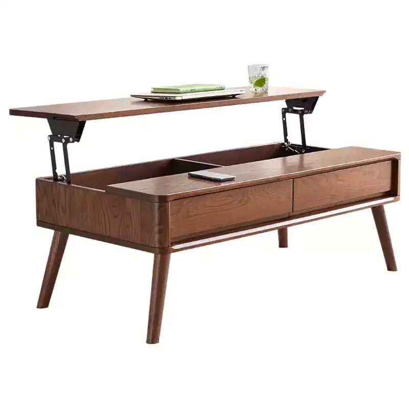 Table basse rectangulaire relevable avec compartiment de rangement caché et tiroirs, table de salon centrale en chêne facile à assembler pour salon et réception