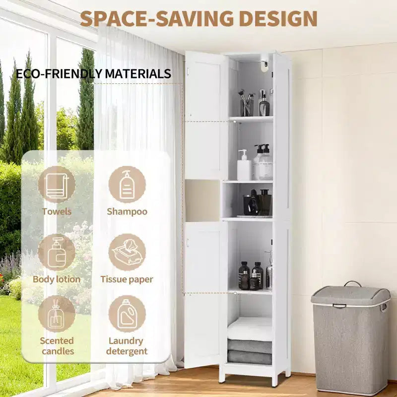 Meuble de rangement haut sur pied, Organisateur étroit avec portes coulissantes, tiroir et étagères réglables