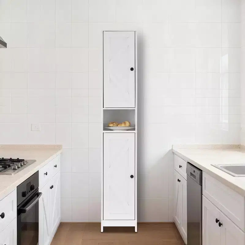 Meuble de rangement haut sur pied, Organisateur étroit avec portes coulissantes, tiroir et étagères réglables