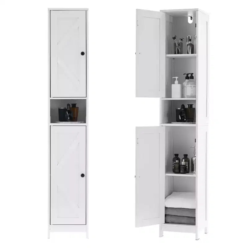 Meuble de rangement haut sur pied, Organisateur étroit avec portes coulissantes, tiroir et étagères réglables