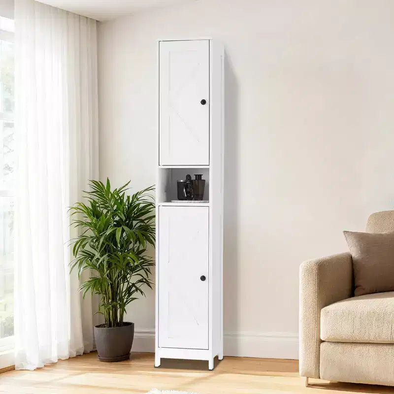 Meuble de rangement haut sur pied, Organisateur étroit avec portes coulissantes, tiroir et étagères réglables