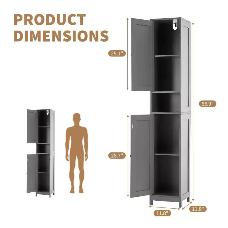 Meuble de rangement haut sur pied, Organisateur étroit avec portes coulissantes, tiroir et étagères réglables