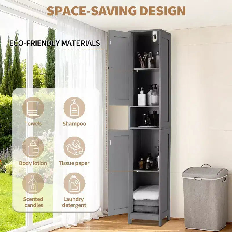 Meuble de rangement haut sur pied, Organisateur étroit avec portes coulissantes, tiroir et étagères réglables