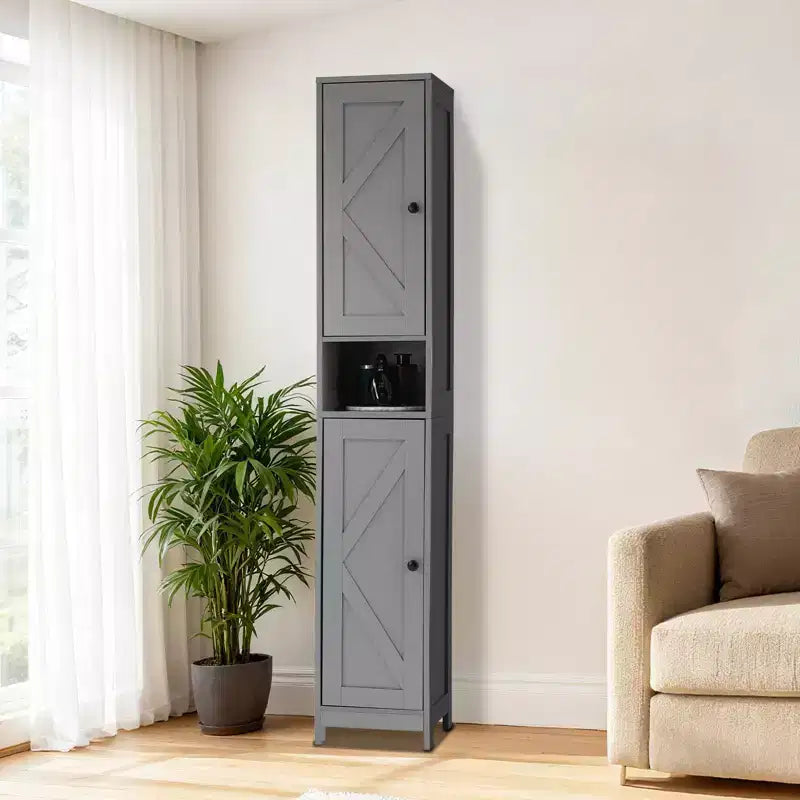 Meuble de rangement haut sur pied, Organisateur étroit avec portes coulissantes, tiroir et étagères réglables