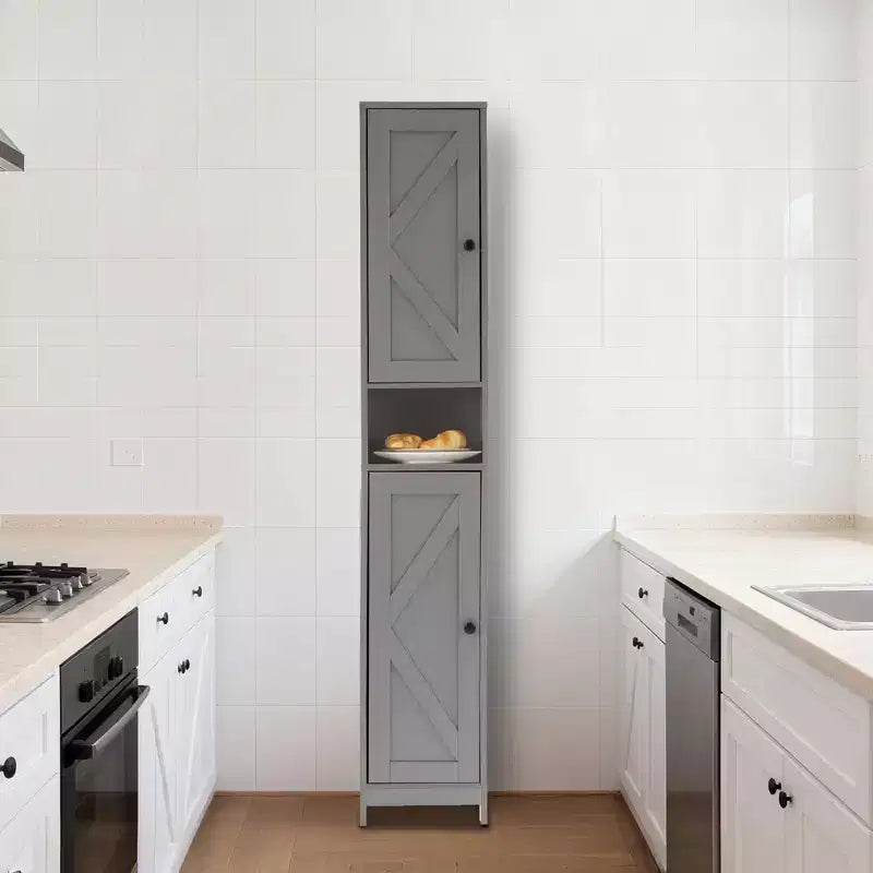 Meuble de rangement haut sur pied, Organisateur étroit avec portes coulissantes, tiroir et étagères réglables