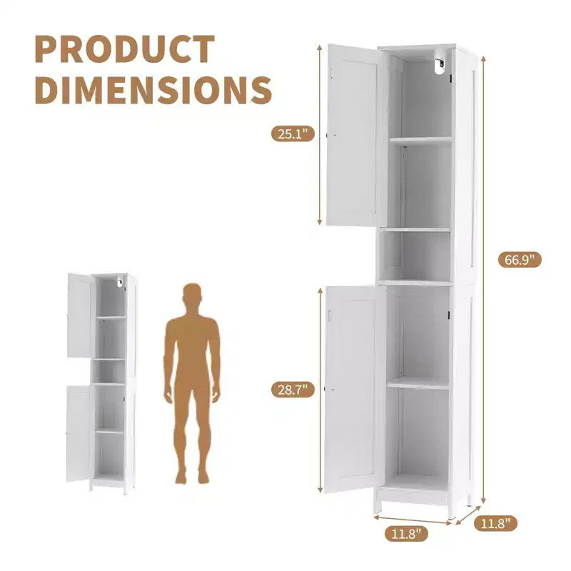 Meuble de rangement haut sur pied, Organisateur étroit avec portes coulissantes, tiroir et étagères réglables