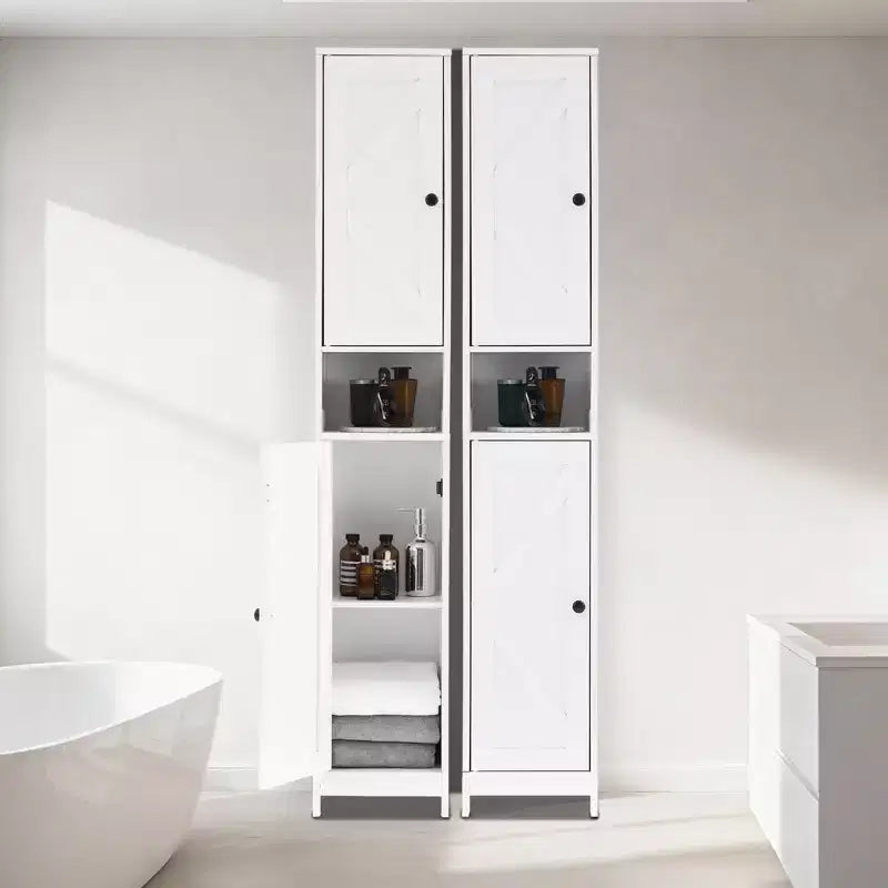 Meuble de rangement haut sur pied, Organisateur étroit avec portes coulissantes, tiroir et étagères réglables