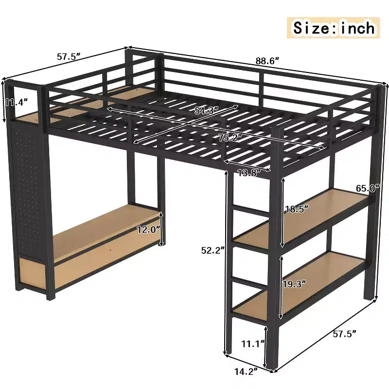 Lit mezzanine avec armoire et panneau perforé, cadre de lit mezzanine en métal avec étagères de rangement et garde-corps pour enfants, adolescents et adultes, noir