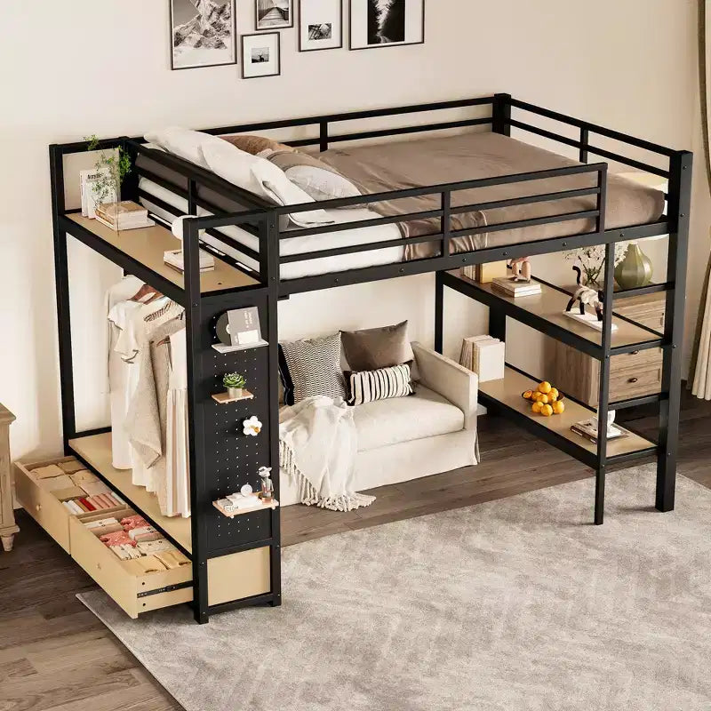 Lit mezzanine avec armoire et panneau perforé, cadre de lit mezzanine en métal avec étagères de rangement et garde-corps pour enfants, adolescents et adultes, noir