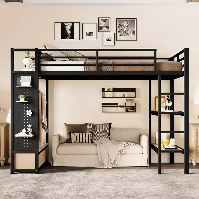 Lit mezzanine avec armoire et panneau perforé, cadre de lit mezzanine en métal avec étagères de rangement et garde-corps pour enfants, adolescents et adultes, noir
