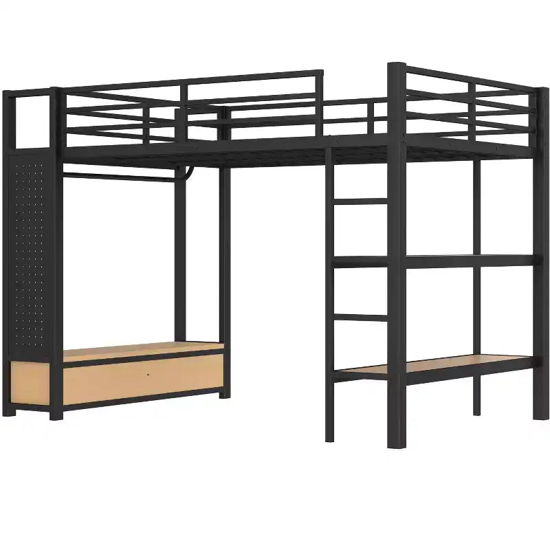 Lit mezzanine avec armoire et panneau perforé, cadre de lit mezzanine en métal avec étagères de rangement et garde-corps pour enfants, adolescents et adultes, noir