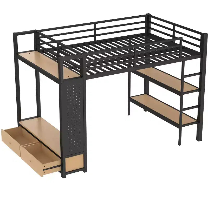 Lit mezzanine avec armoire et panneau perforé, cadre de lit mezzanine en métal avec étagères de rangement et garde-corps pour enfants, adolescents et adultes, noir