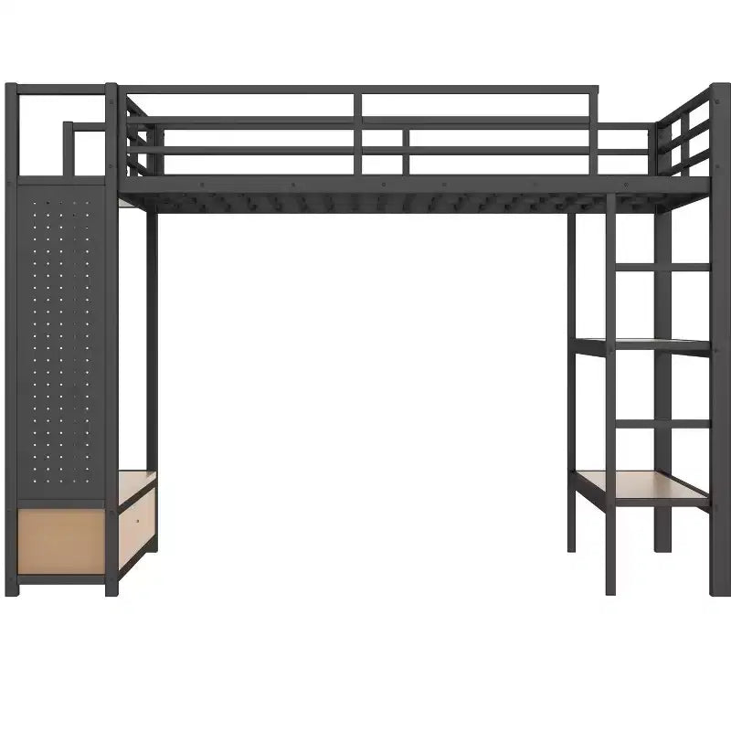 Lit mezzanine avec armoire et panneau perforé, cadre de lit mezzanine en métal avec étagères de rangement et garde-corps pour enfants, adolescents et adultes, noir