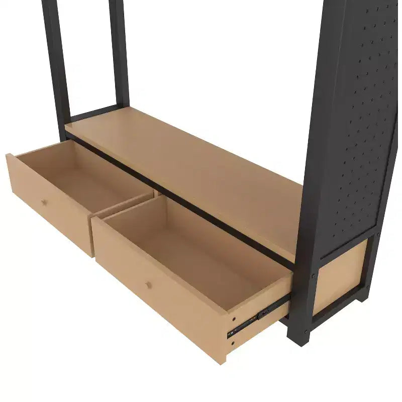 Lit mezzanine avec armoire et panneau perforé, cadre de lit mezzanine en métal avec étagères de rangement et garde-corps pour enfants, adolescents et adultes, noir