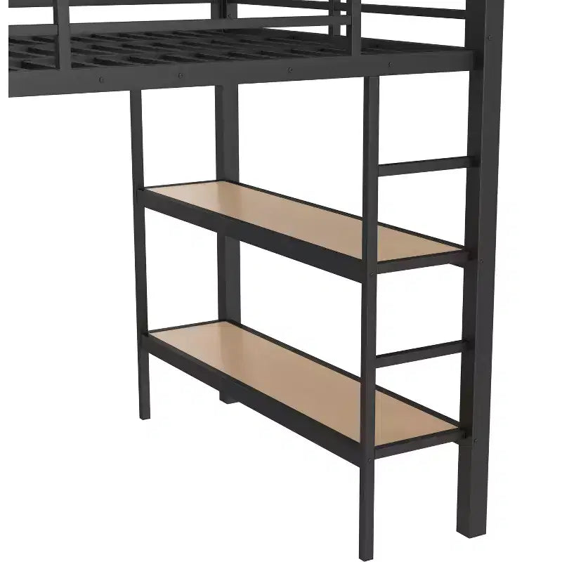 Lit mezzanine avec armoire et panneau perforé, cadre de lit mezzanine en métal avec étagères de rangement et garde-corps pour enfants, adolescents et adultes, noir