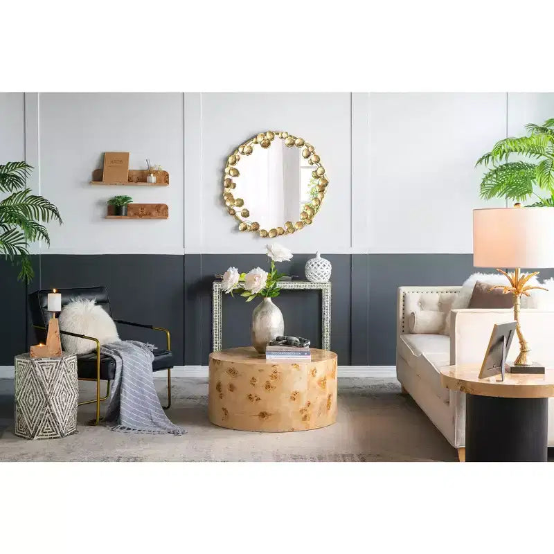 Miroir mural rond en métal de 35 pouces avec accents de feuilles dorées