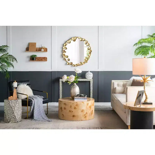 Miroir mural rond en métal de 35 pouces avec accents de feuilles dorées