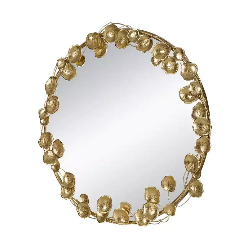 Miroir mural rond en métal de 35 pouces avec accents de feuilles dorées