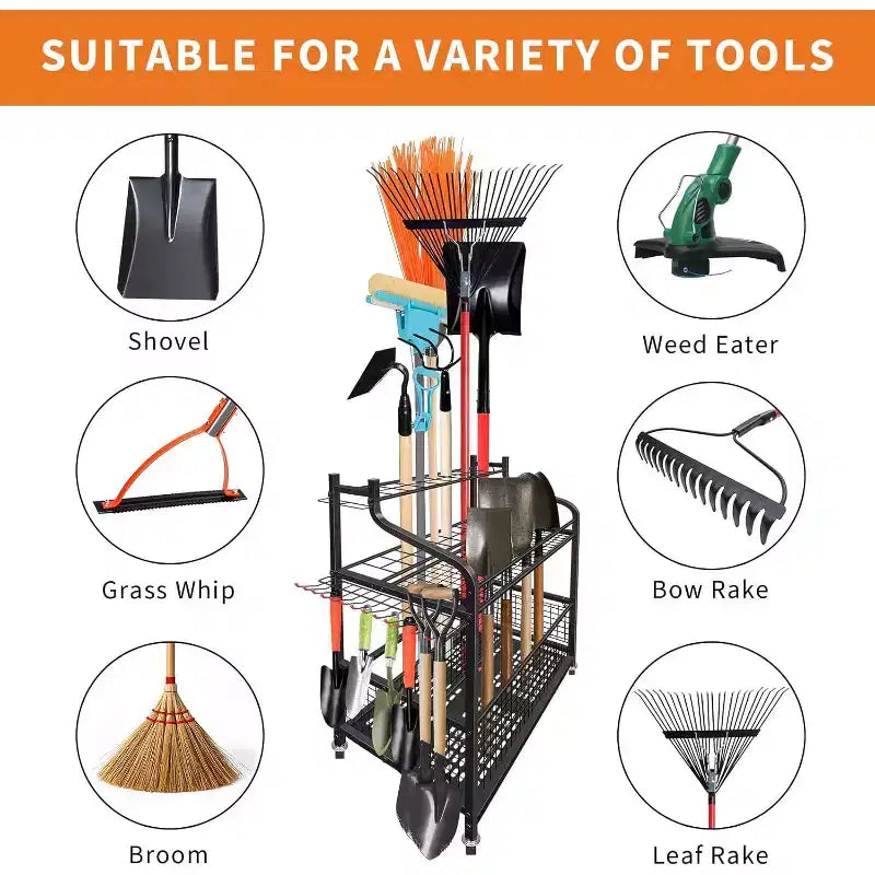 Organisateur vertical d'outils de jardin à roulettes avec étagères et paniers - Pour le rangement des outils de jardin