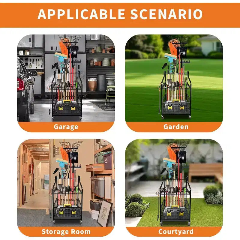 Organisateur vertical d'outils de jardin à roulettes avec étagères et paniers - Pour le rangement des outils de jardin