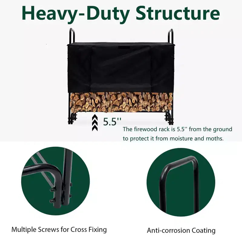 Support à bois de chauffage d'extérieur haut de gamme de 4 pieds avec housse, stabilité renforcée, capacité de 440 lb, tube en acier résistant à la rouille, housse imperméable
