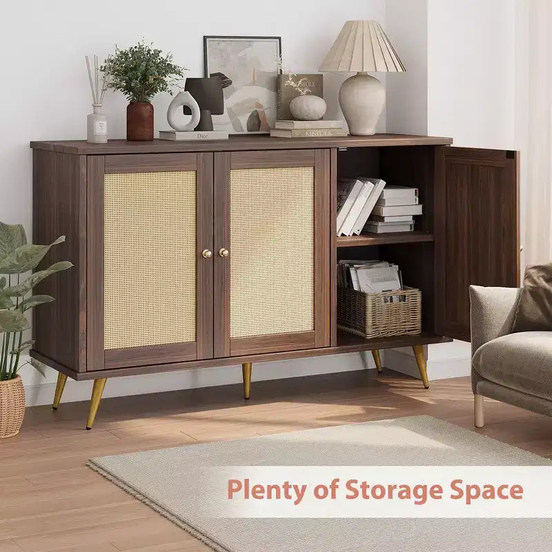 Meuble de rangement en rotin, buffet moderne, meuble d'appoint avec portes décorées en rotin et grand espace de rangement pour le salon