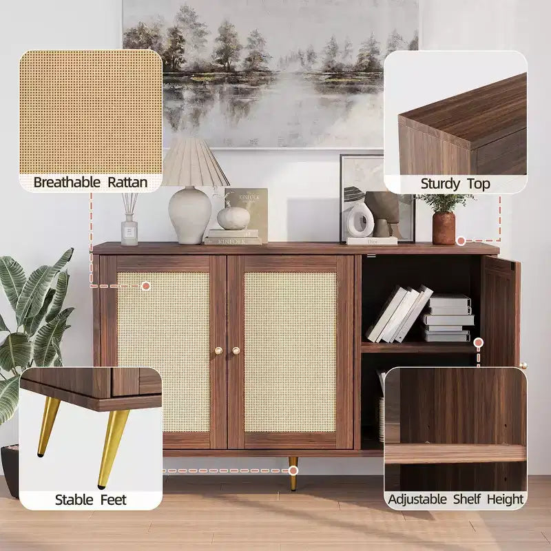 Meuble de rangement en rotin, buffet moderne, meuble d'appoint avec portes décorées en rotin et grand espace de rangement pour le salon
