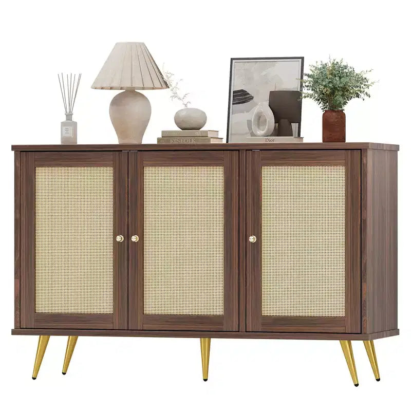 Meuble de rangement en rotin, buffet moderne, meuble d'appoint avec portes décorées en rotin et grand espace de rangement pour le salon