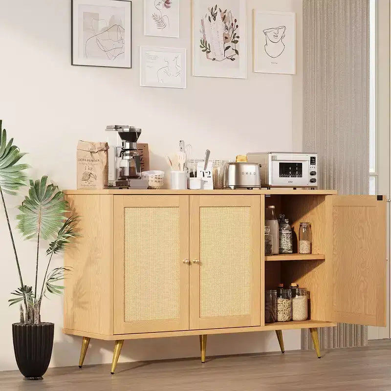 Meuble de rangement en rotin, buffet moderne, meuble d'appoint avec portes décorées en rotin et grand espace de rangement pour le salon